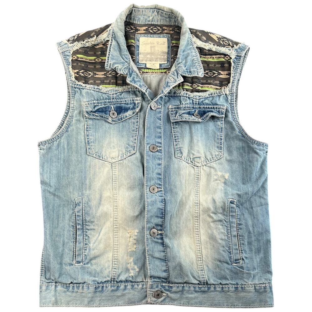 Smoke Rise Denim Vest Distressed Tribal Yoke Western Y2K Streetwear - XL